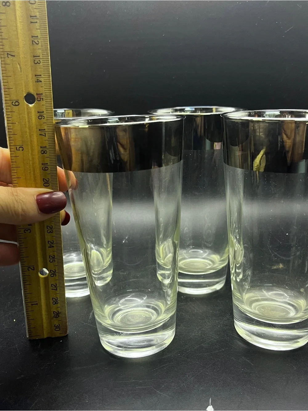DOROTHY THORPE Silver Band Rim Highball Glasses Vintage Tumblers Set of 4
